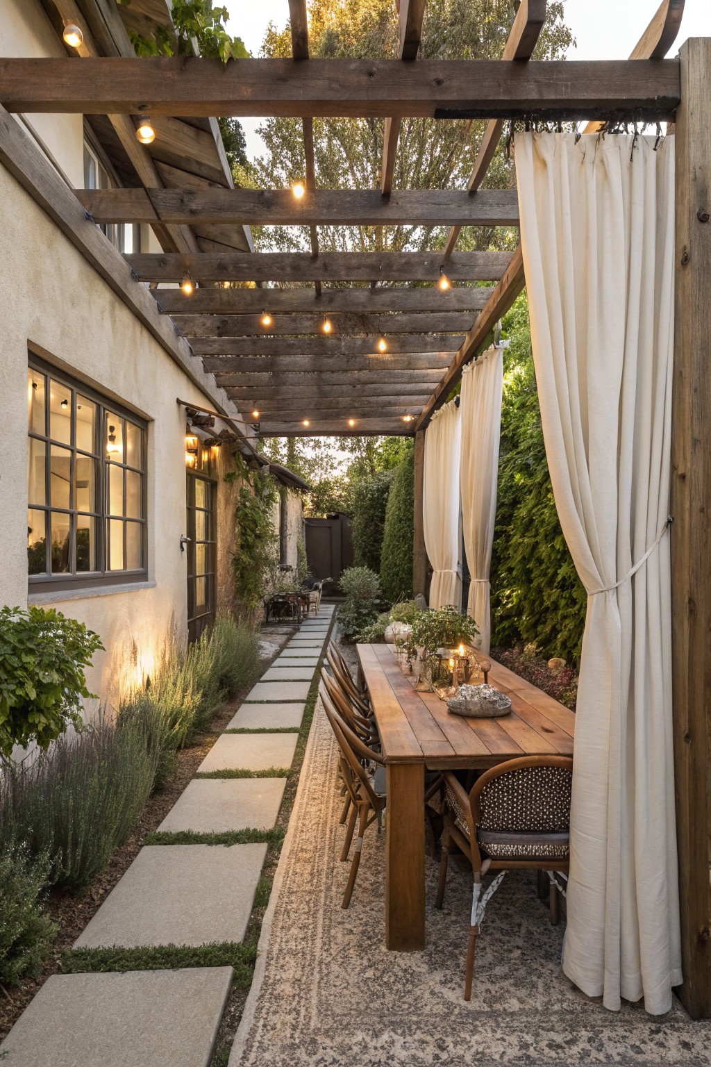 A wooden pergola with string lights covers an outdoor dining table, with white curtains hanging along one side next to a garden path.