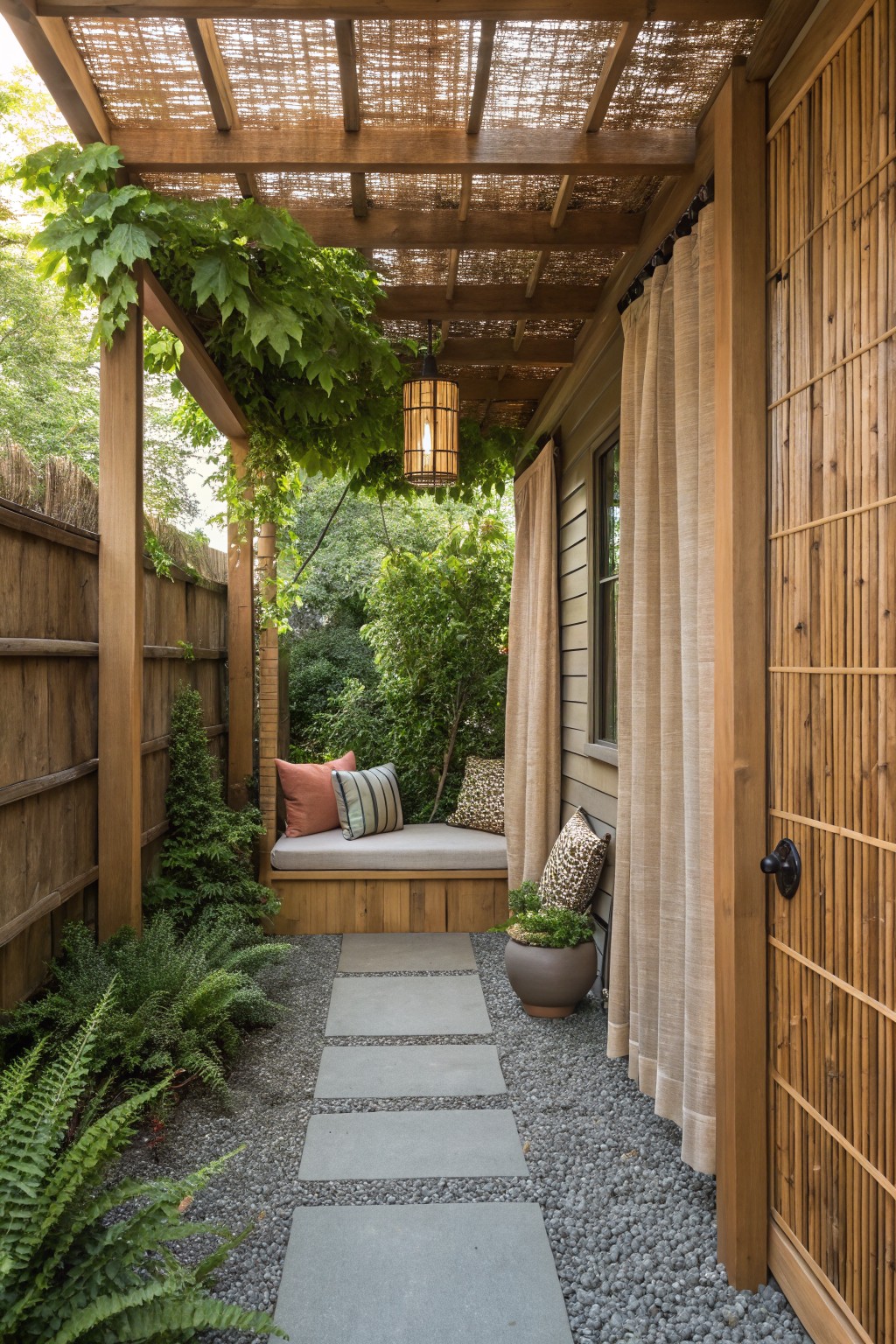 Wooden pergola with woven overhead shade, hanging vines, built-in bench, beige curtains, and gravel path with stepping stones.