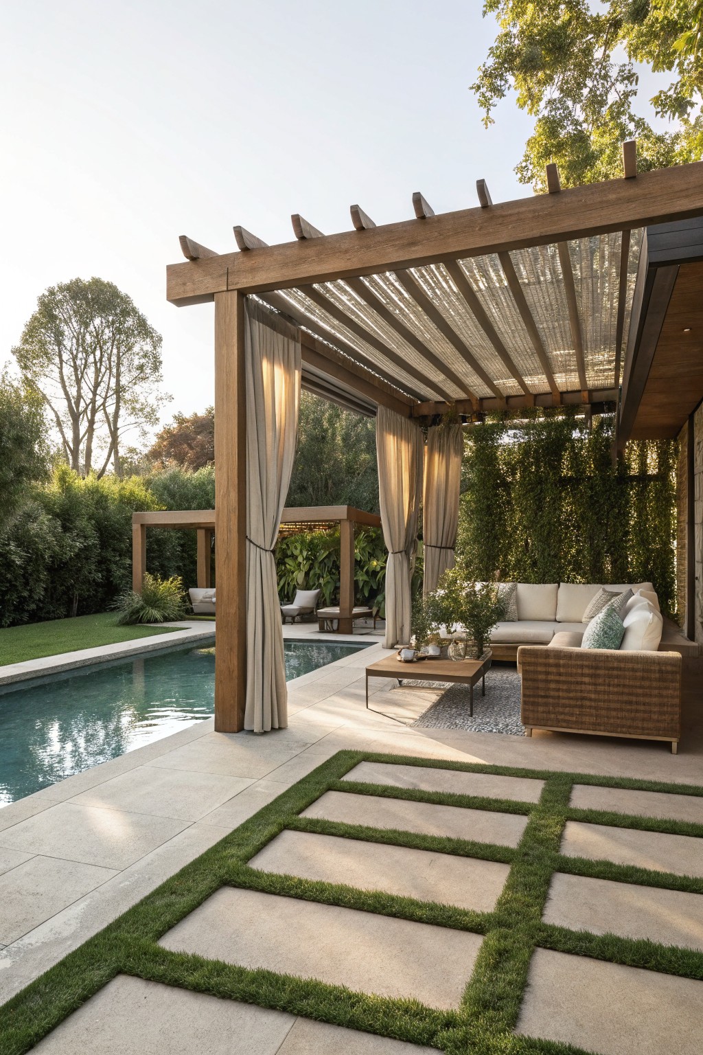 A wooden pergola with light fabric curtains covers an outdoor seating area beside a swimming pool, with a living wall and paved patio in view.