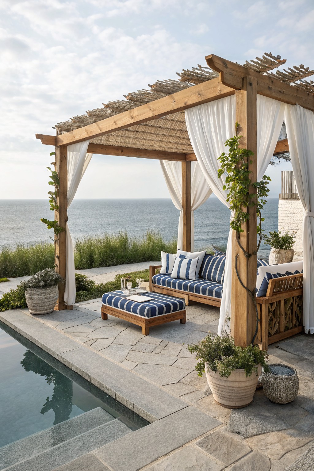 A wooden pergola with white curtains and green vines on the posts, striped cushions on a bench and ottoman, and a pool in the foreground overlooking the ocean.