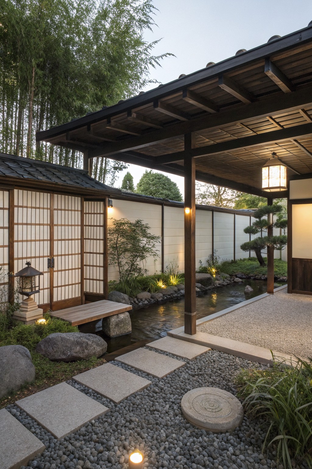 A dark wooden pergola with overhead beams covers a gravel path and stepping stones next to a pond in a Japanese garden setting.