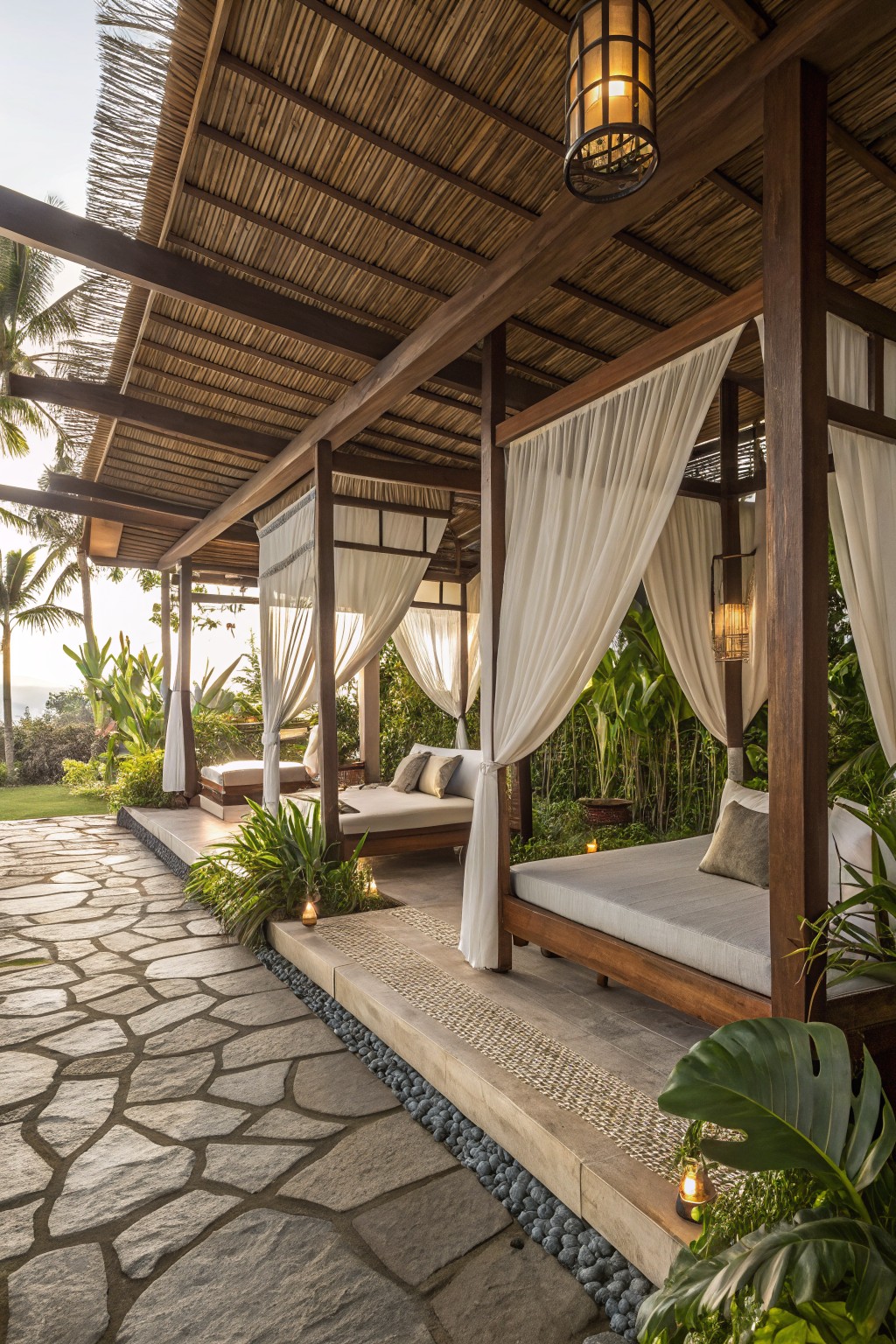 A wooden pergola with a thatched roof and white sheer curtains partially enclosing daybeds on a raised patio next to a stone path.