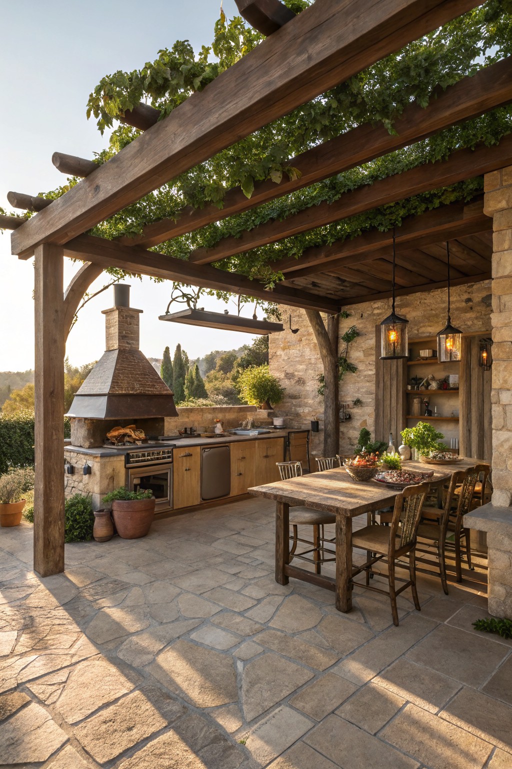 An outdoor stone patio under a wooden pergola covered in green vines, with an outdoor kitchen on the left and a wooden dining table set with chairs in the center.