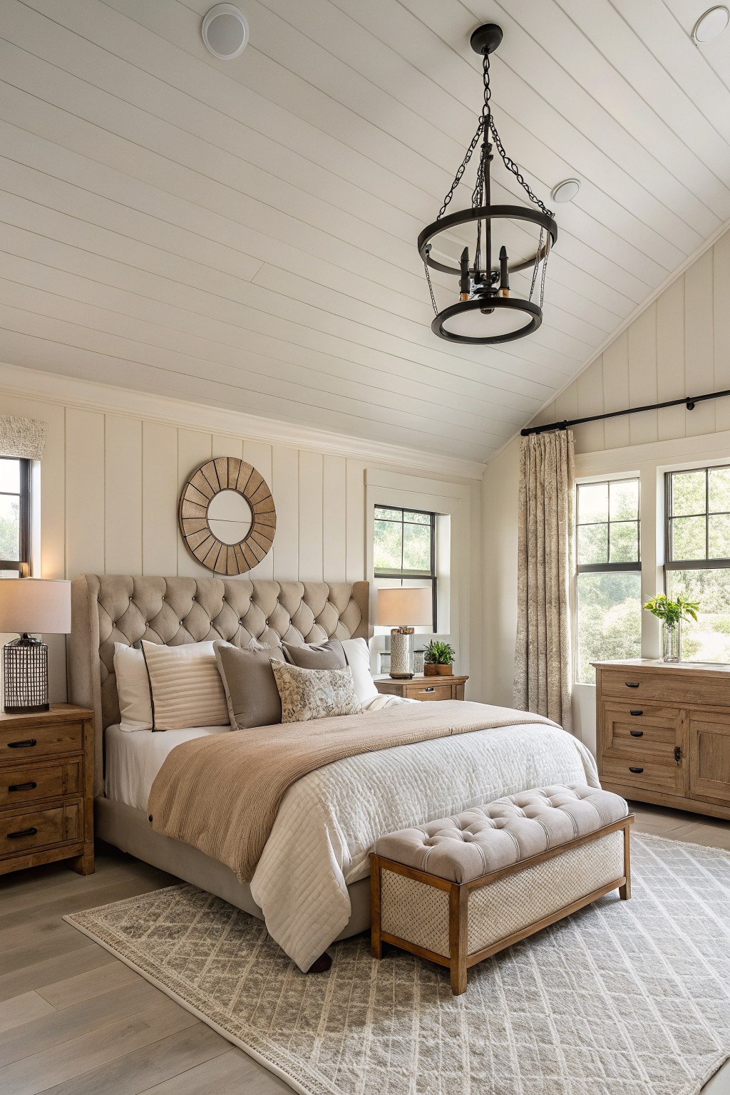 A bedroom with creamy white walls and vertical paneling.
