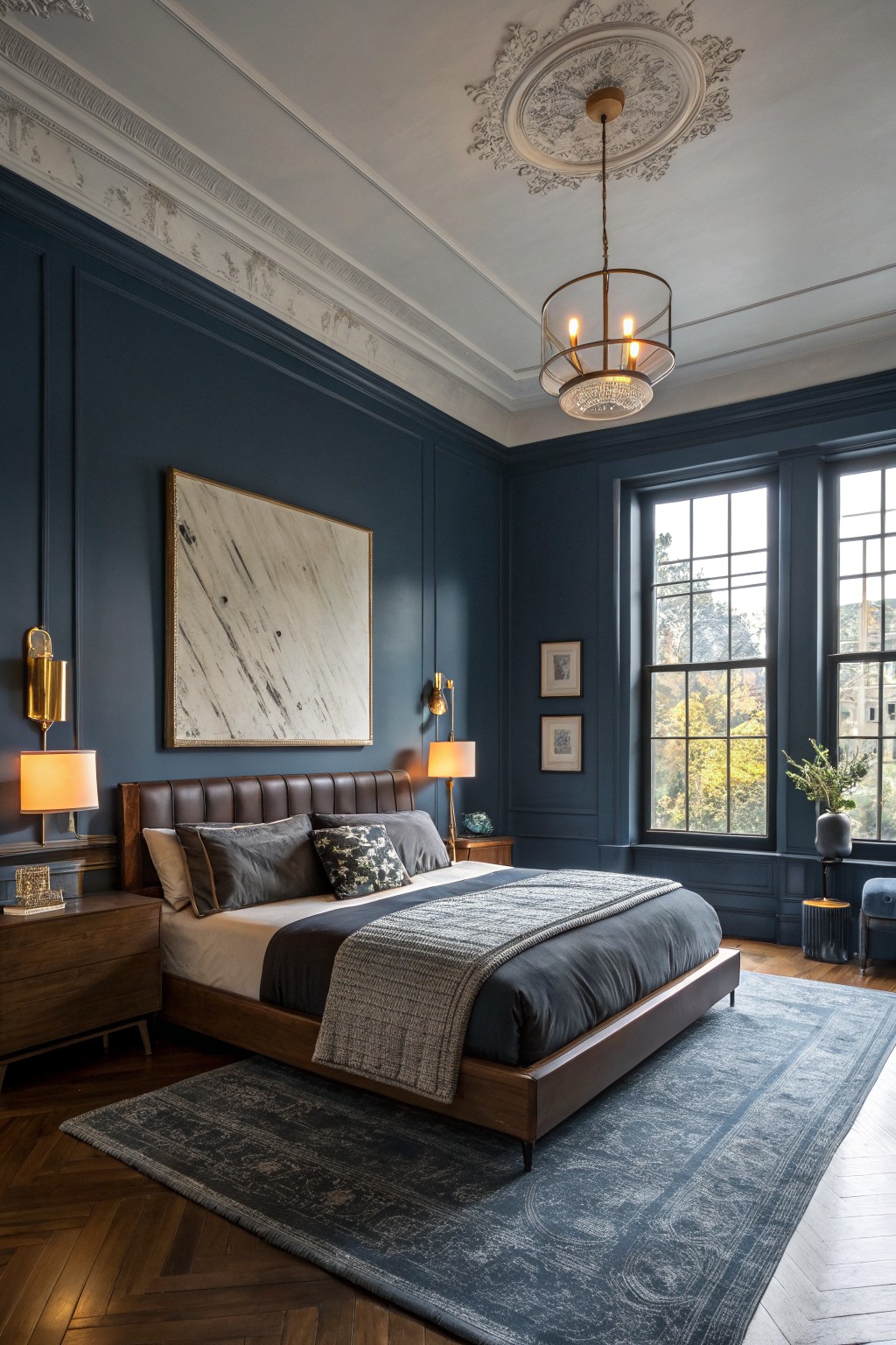 A bedroom featuring deep navy blue walls with white trim and wood accents.