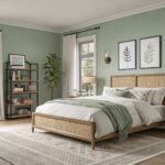 A bedroom with soft sage green walls and a wooden bed frame.