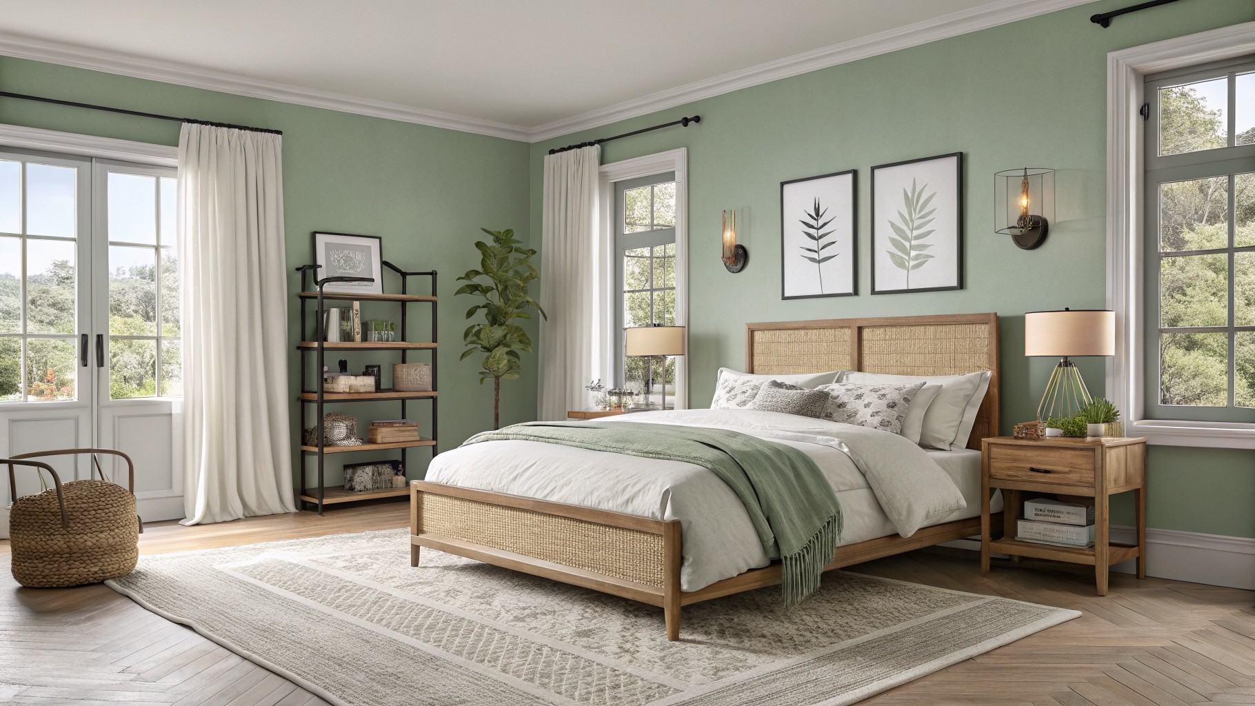 A bedroom with soft sage green walls and a wooden bed frame.