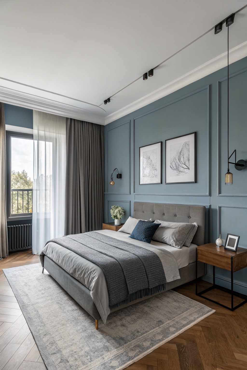 A bedroom with muted blue gray walls and a gray upholstered bed.