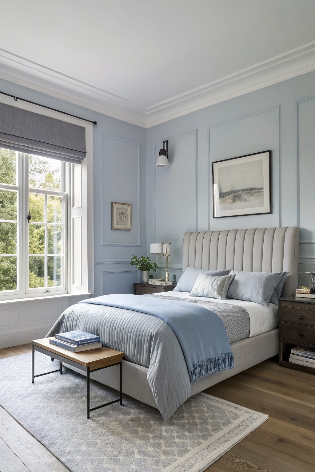 A bedroom with soft blue gray walls and wood flooring.