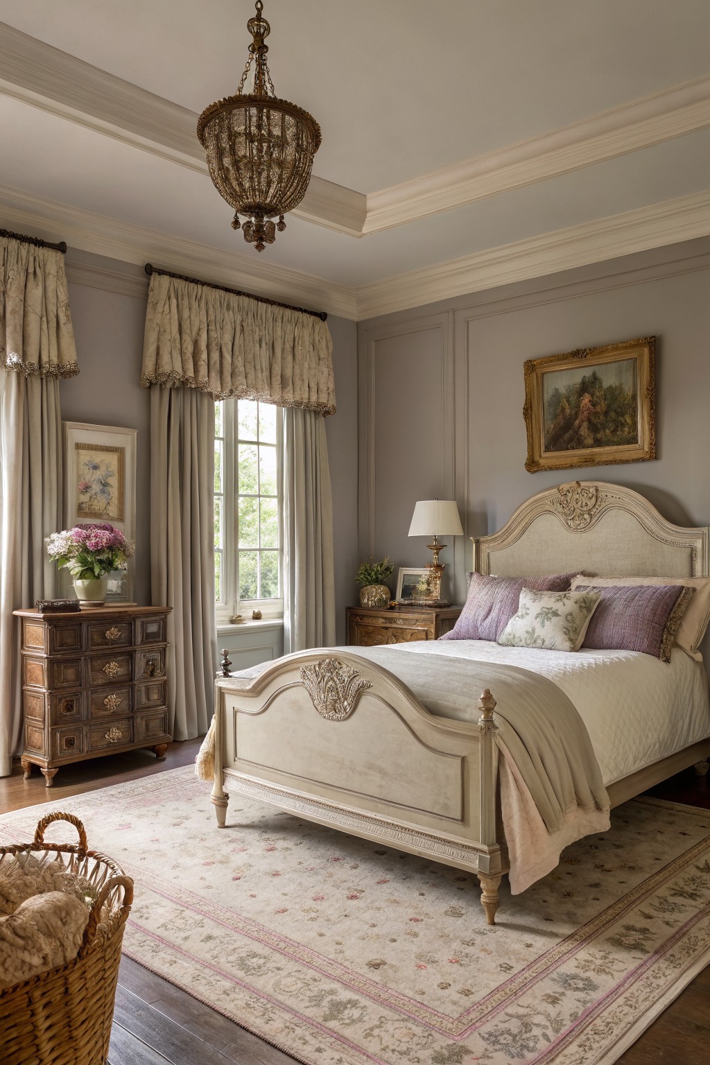 Elegant bedroom with carved bed, ornate chandelier, antique furniture, and soft neutral tones.