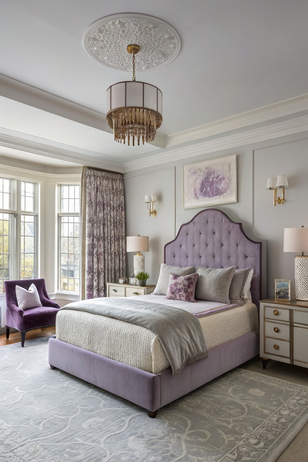 A bedroom with soft lavender gray walls and a large upholstered bed.