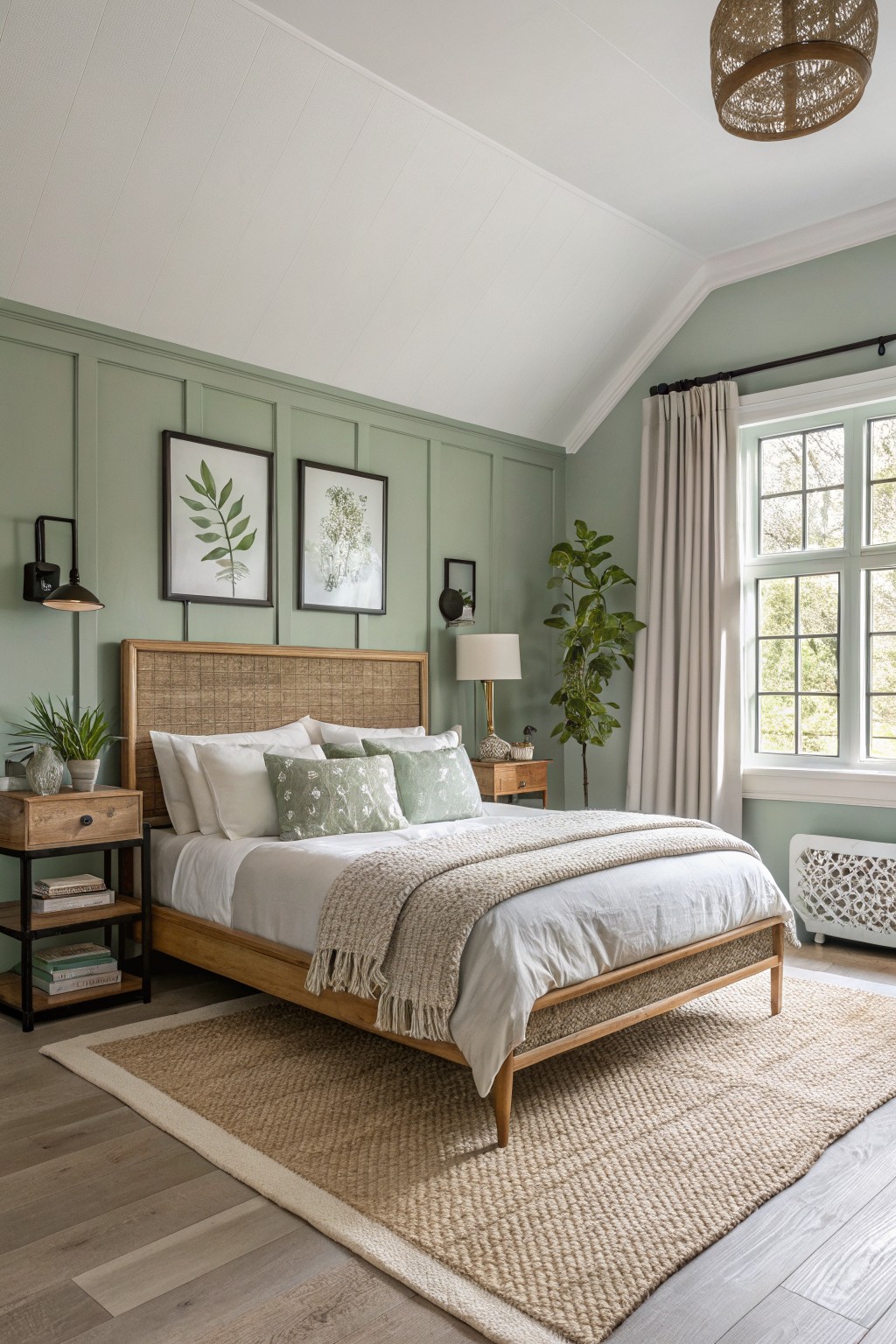 A bedroom with soft sage green walls and a wooden bed frame.