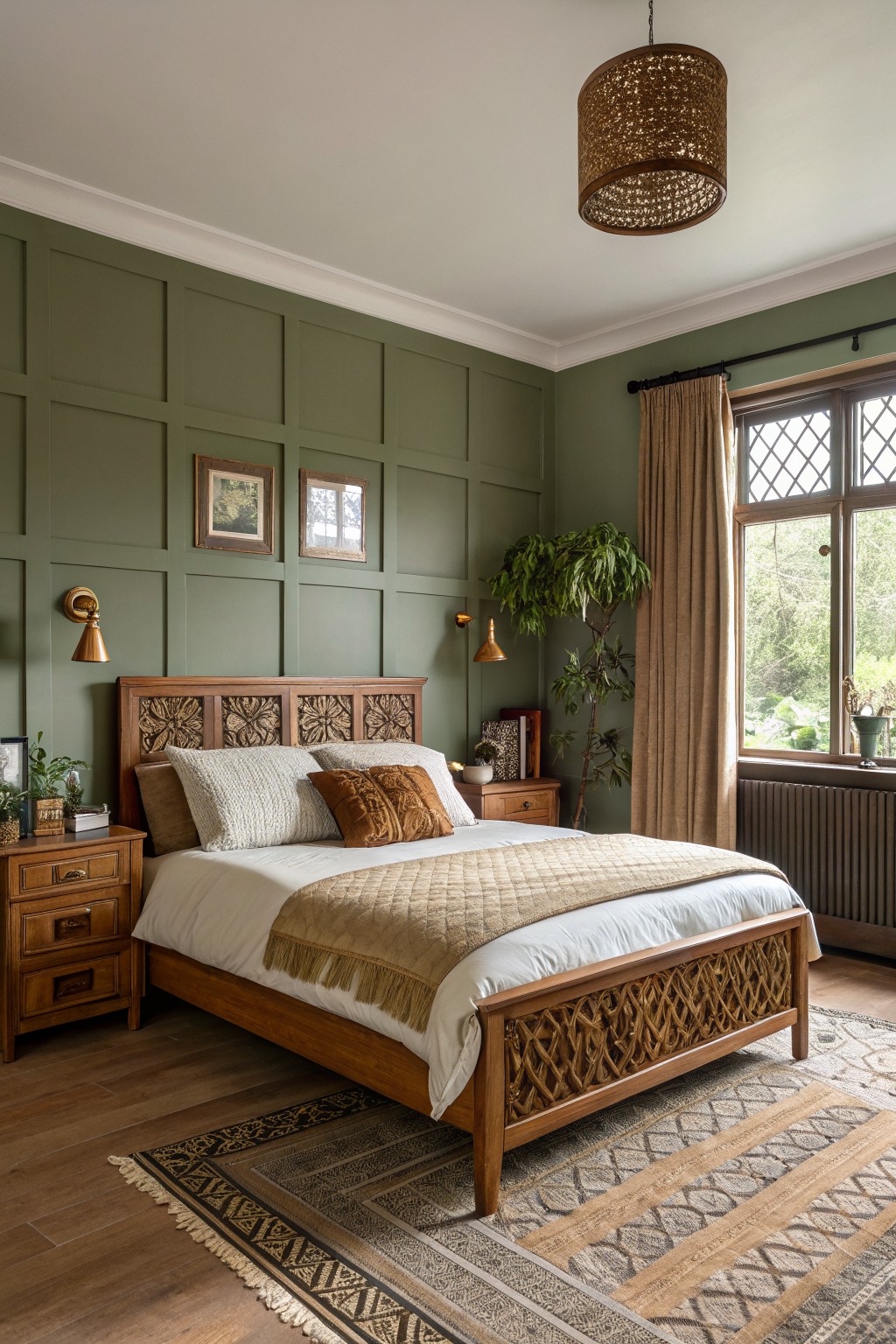 Sage green walls in a bedroom with wood furniture and a large window.
