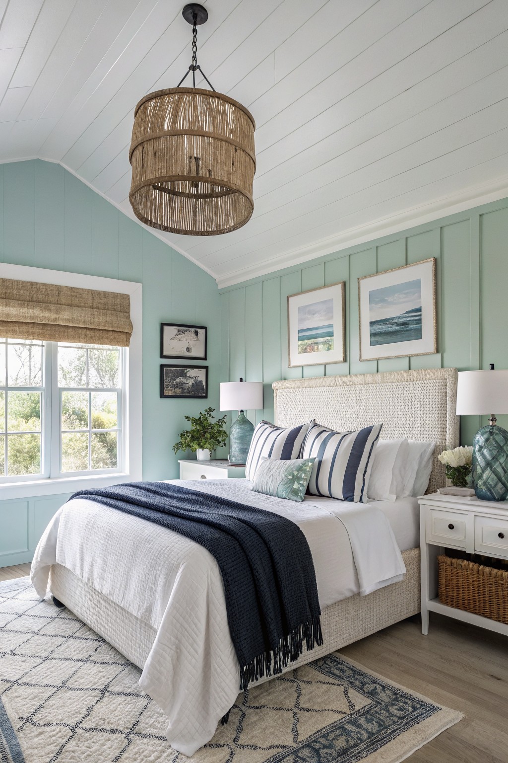 A bedroom with soft sage green walls and white trim.