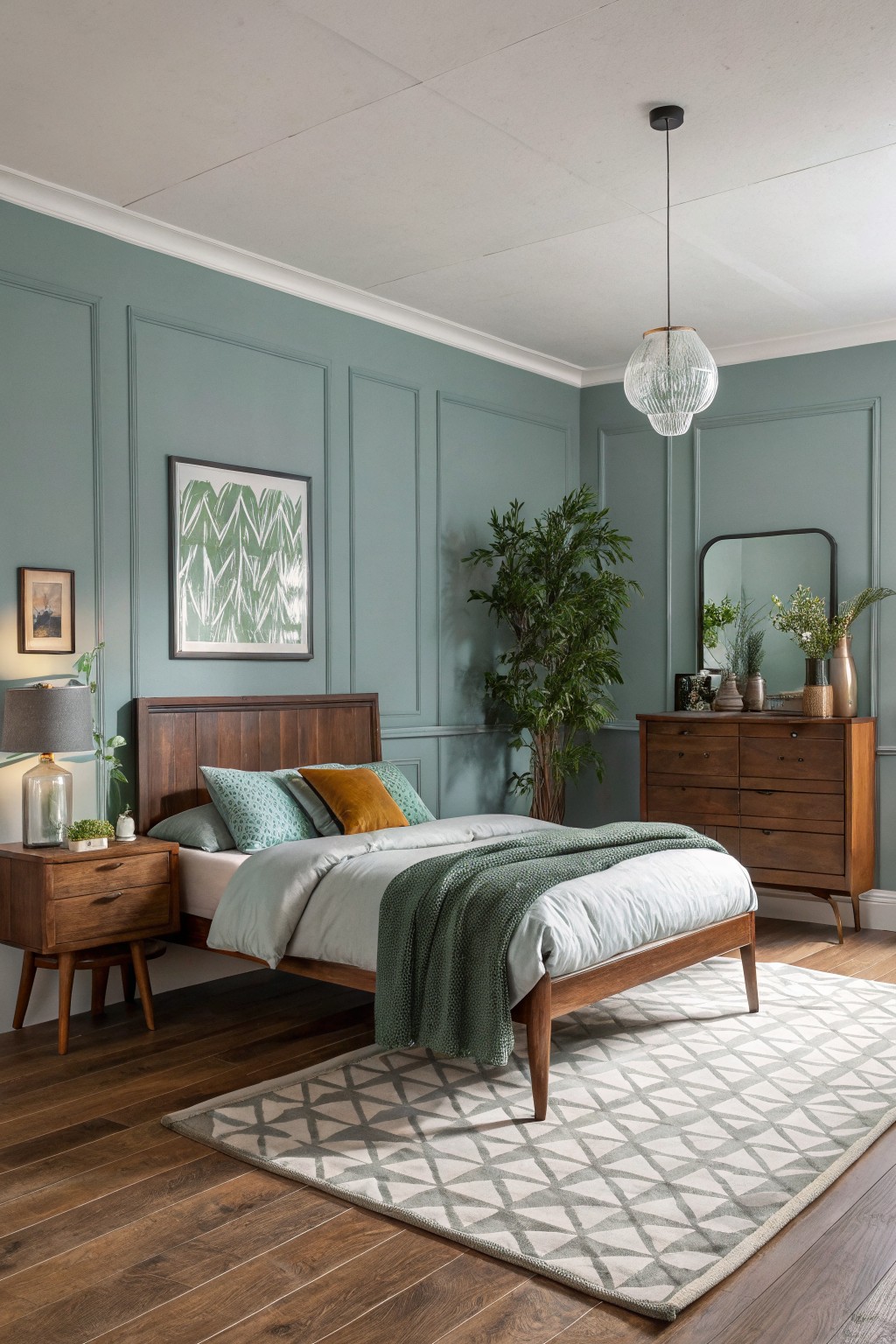 A bedroom with soft sage green walls and wooden furniture.