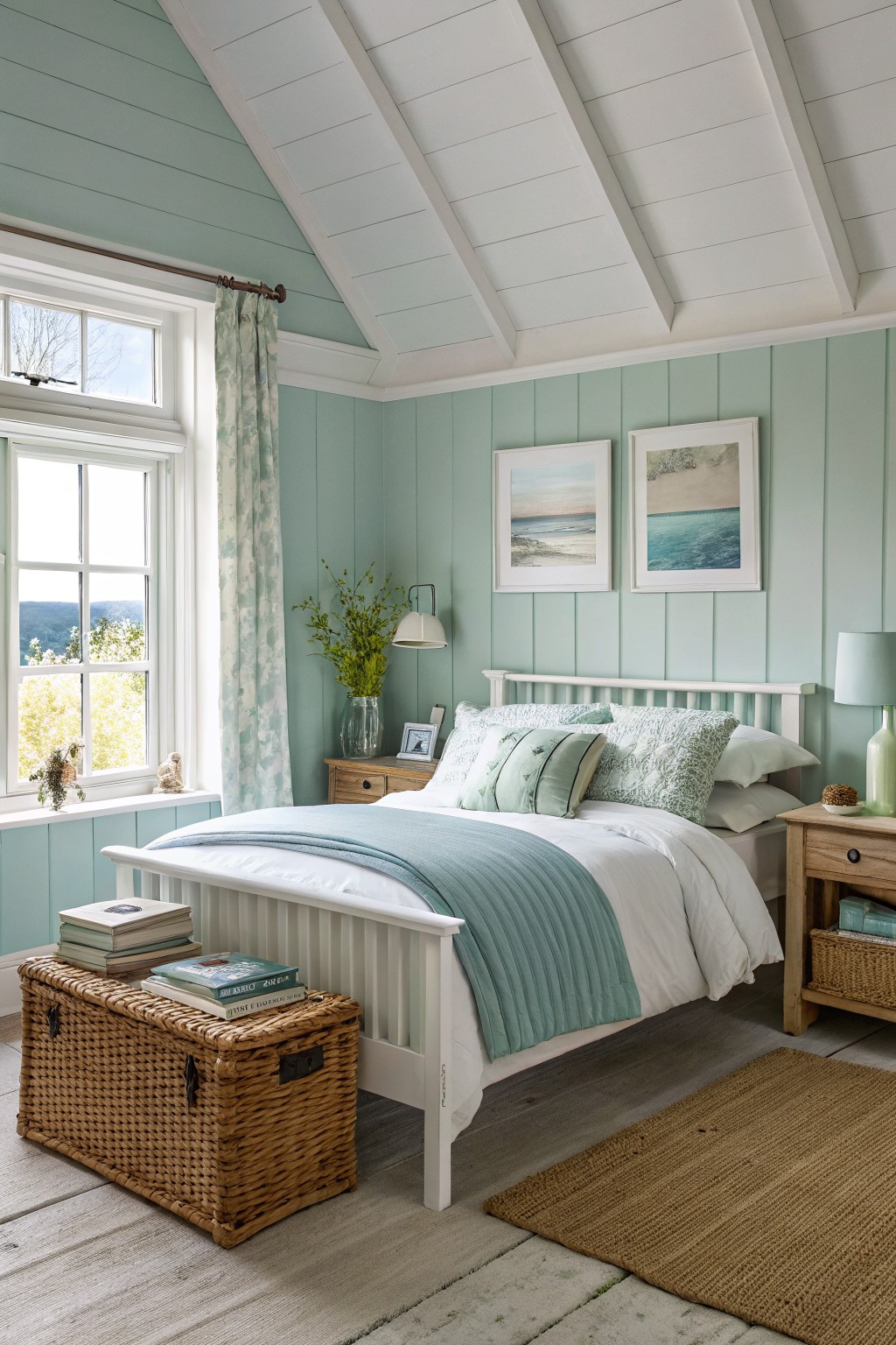 White bed with teal bedding in mint green bedroom with beach prints
