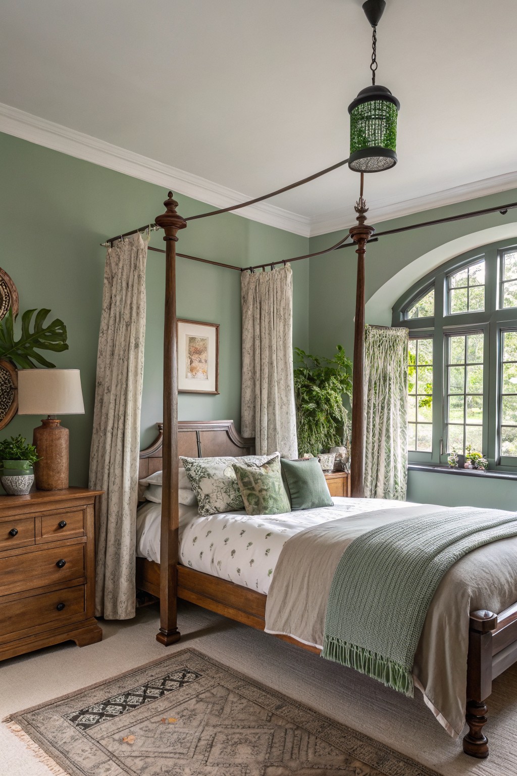 A bedroom with soft sage green walls and dark wood furniture.