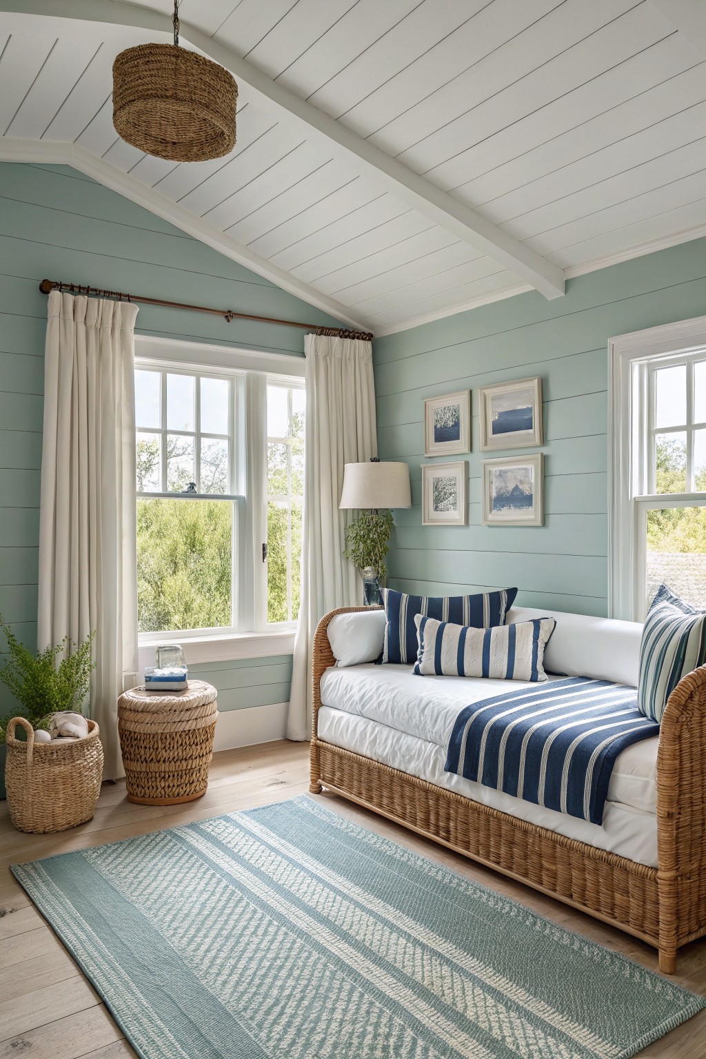 Cozy coastal room with wicker daybed, blue striped linens, and woven rug.