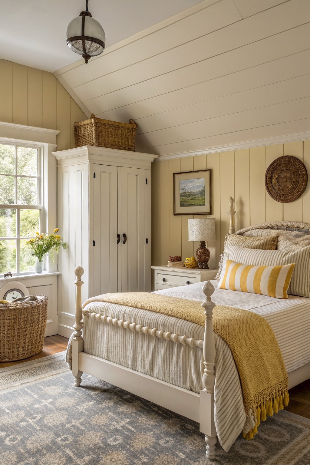 Light warm beige walls in a bedroom with white trim and wood accents.