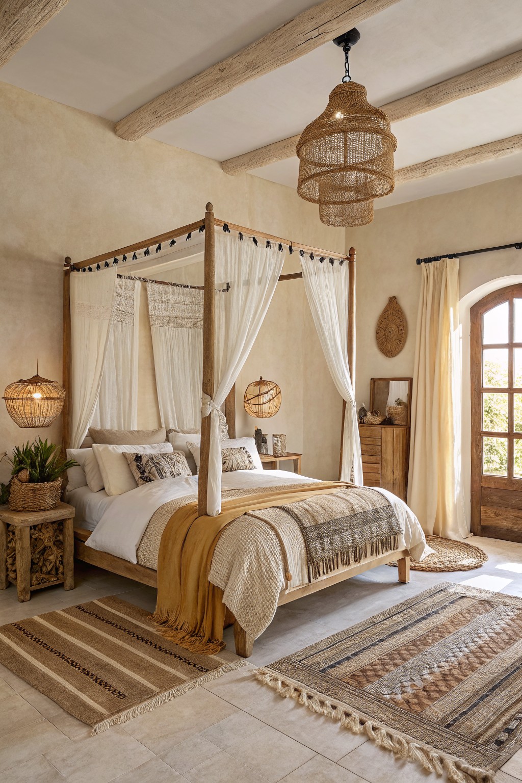 Bedroom walls painted in a warm beige with a wooden canopy bed.