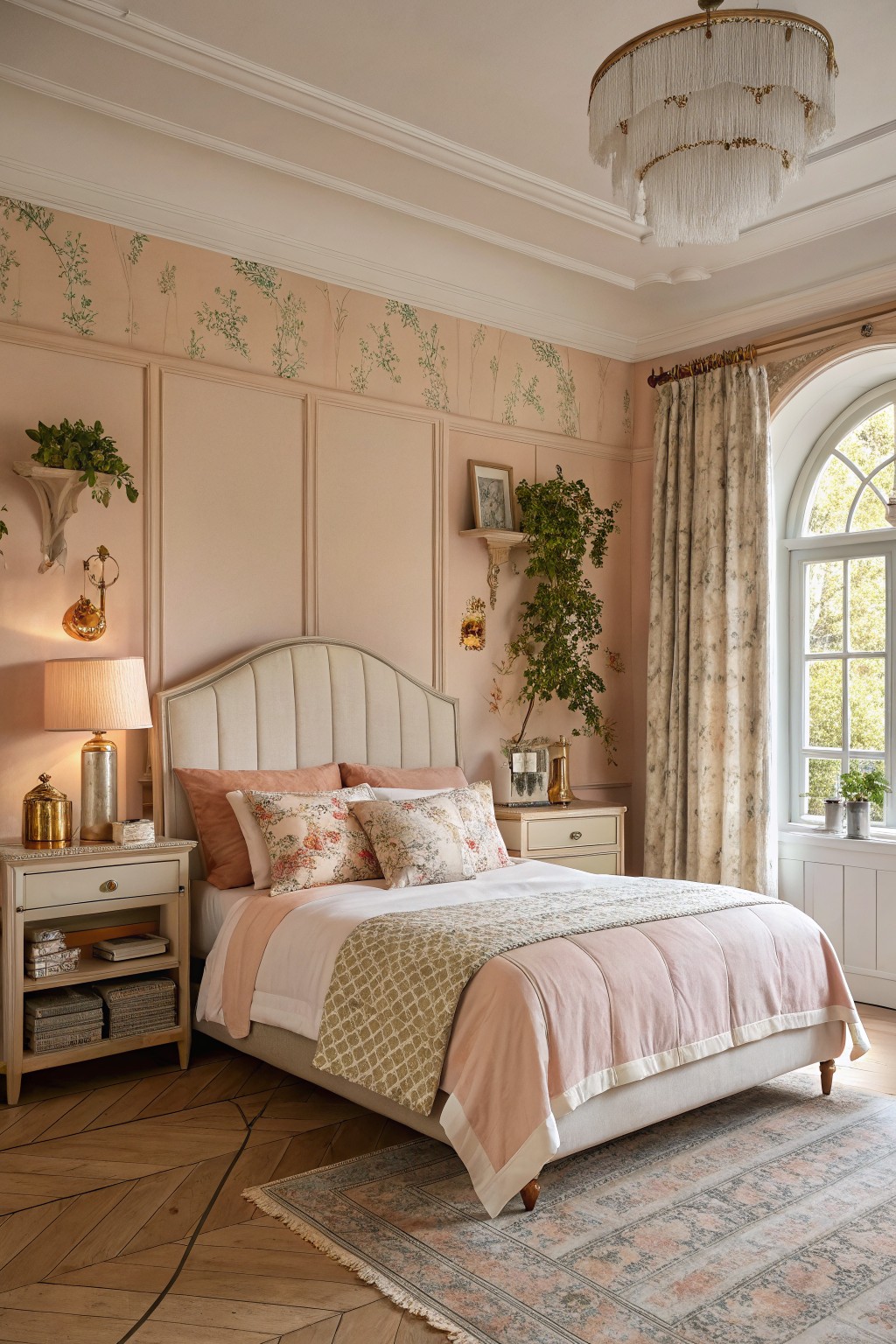 Bedroom walls painted a soft warm blush beige with raised paneling.