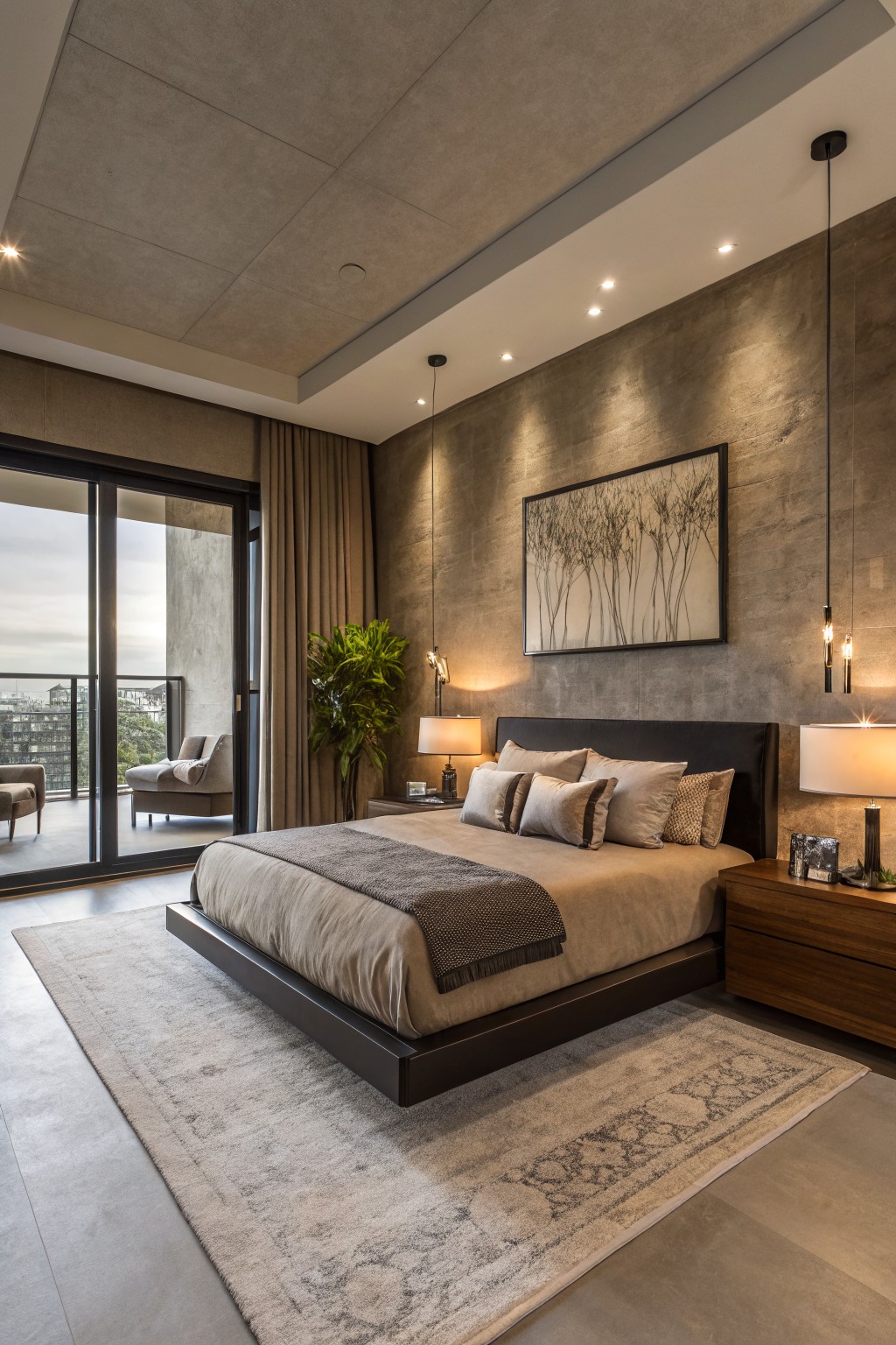 A bedroom featuring warm greige textured walls behind a floating bed.