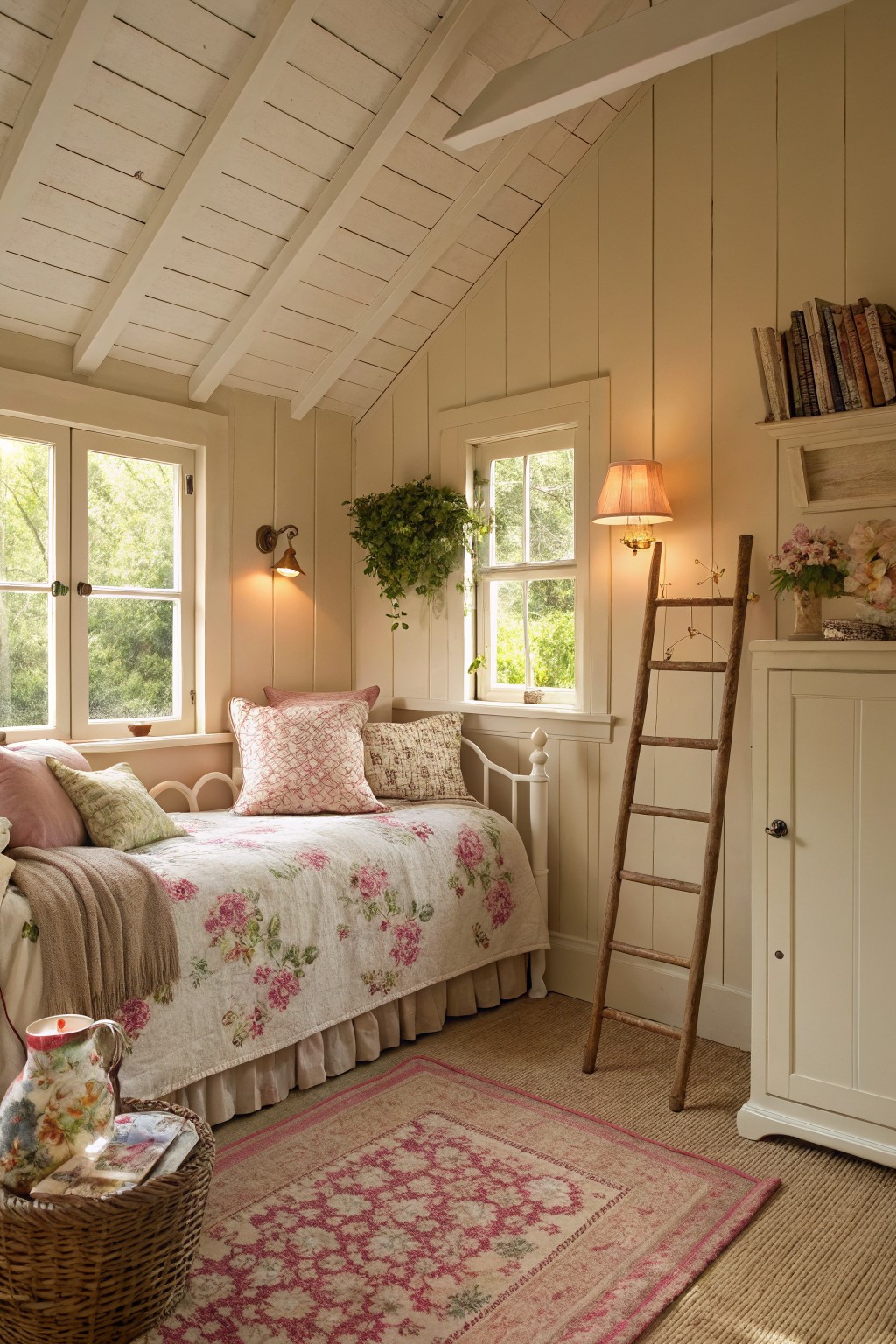 An attic bedroom with walls painted in a soft warm off-white.