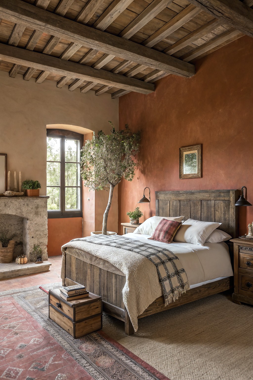 A bedroom with warm terracotta walls and exposed wood ceiling beams.