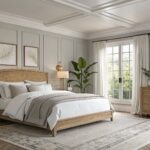 Bedroom walls painted in a soft light gray with wood accents.