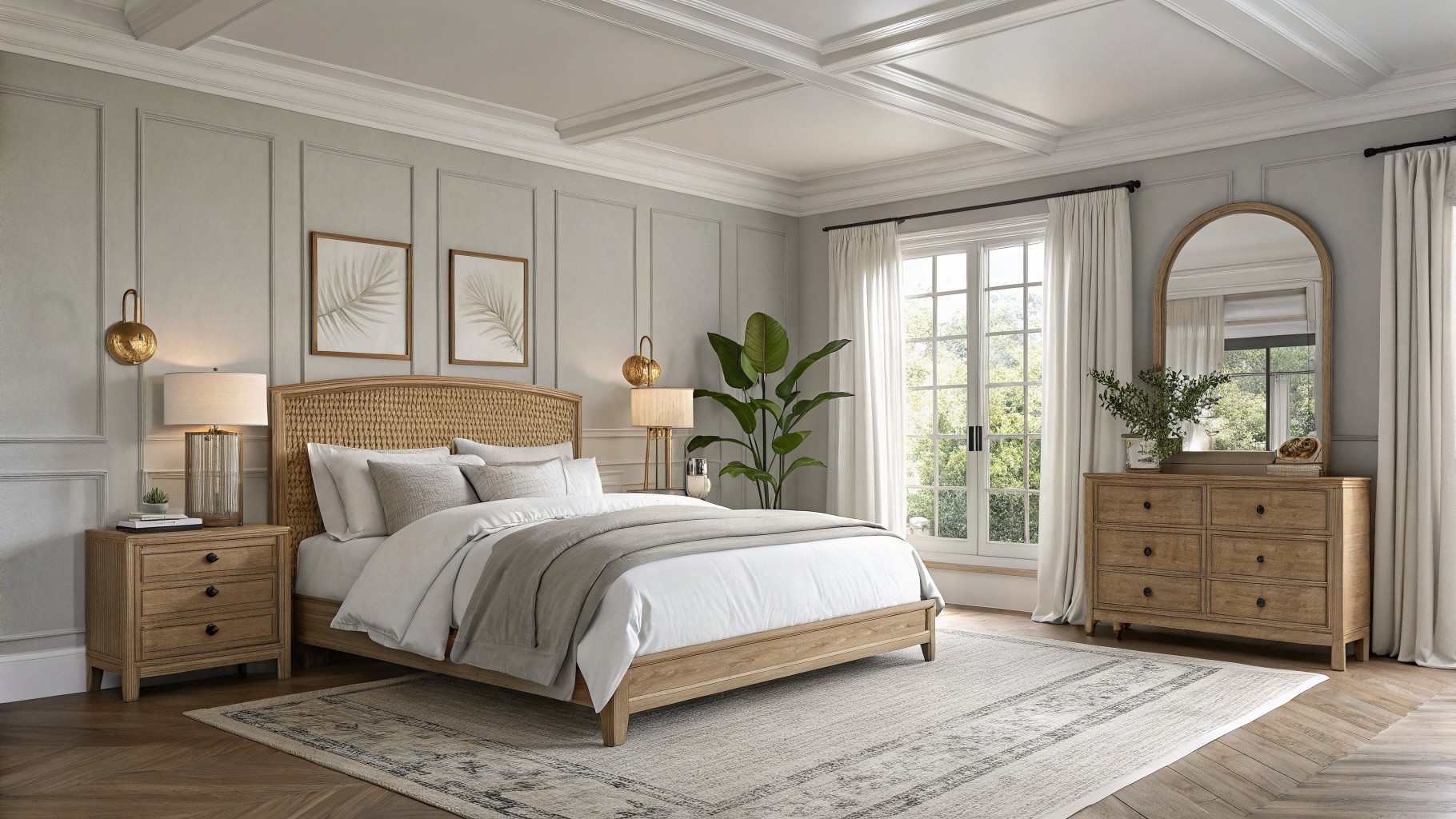 Bedroom walls painted in a soft light gray with wood accents.