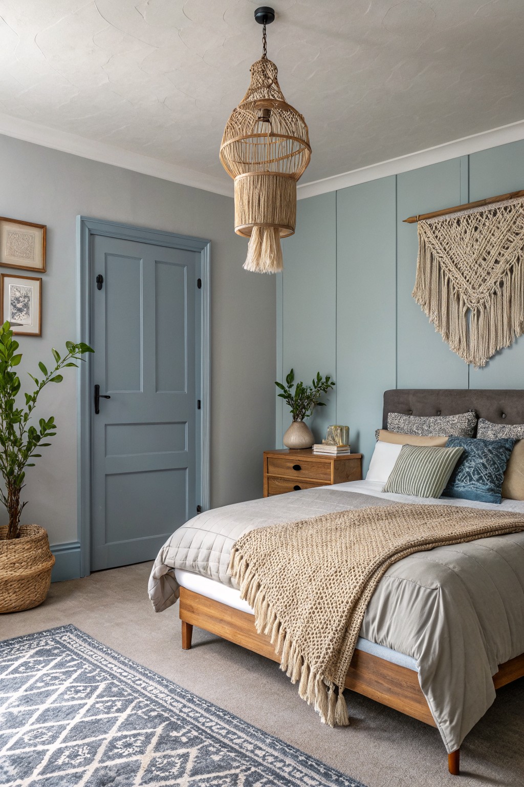 Bedroom with wooden bed, woven pendant light, macrame wall hanging, and blue door.