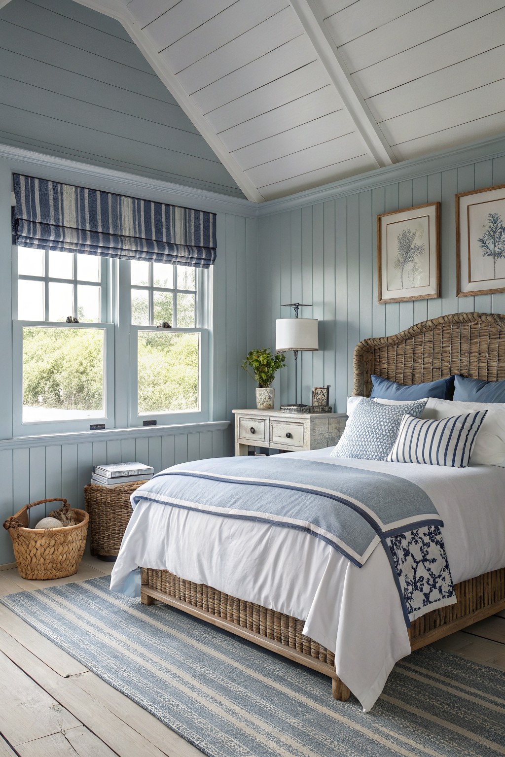 A bedroom featuring soft blue gray walls with white windows and trim.