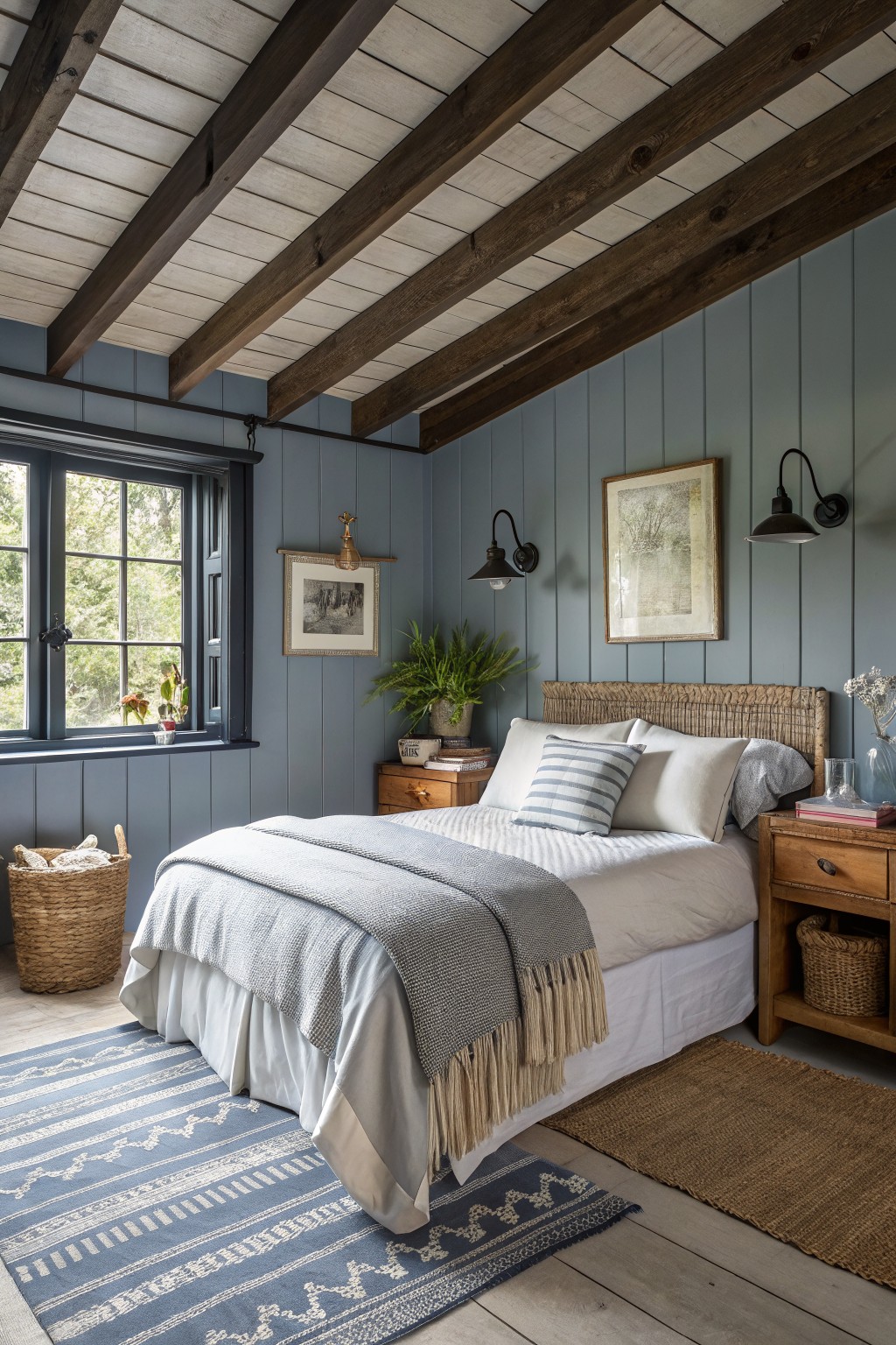 A bedroom with soft blue gray walls and exposed wood ceiling beams.