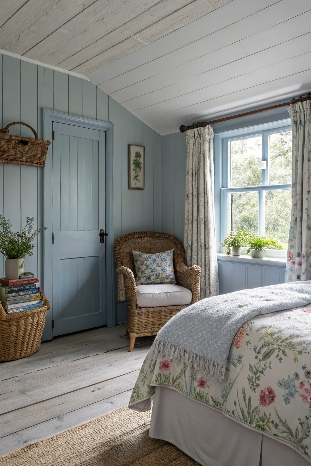 Bedroom walls painted in a soft blue gray with white trim and wood flooring.