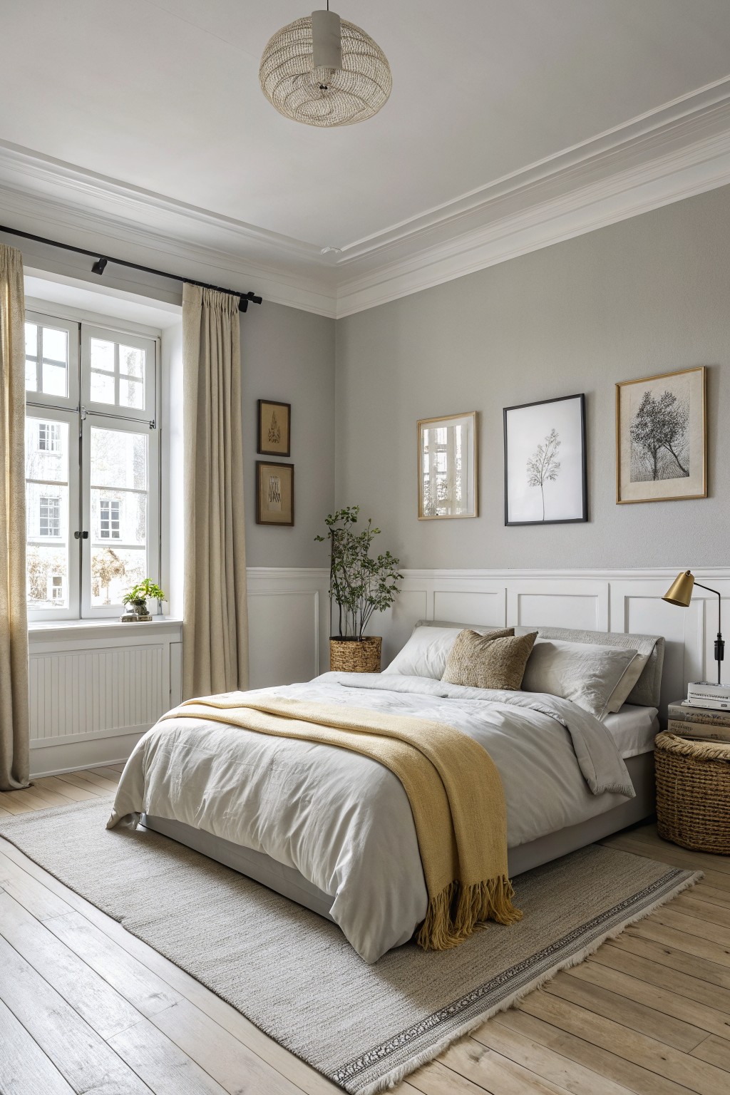 A bedroom with soft gray walls and white wainscoting.