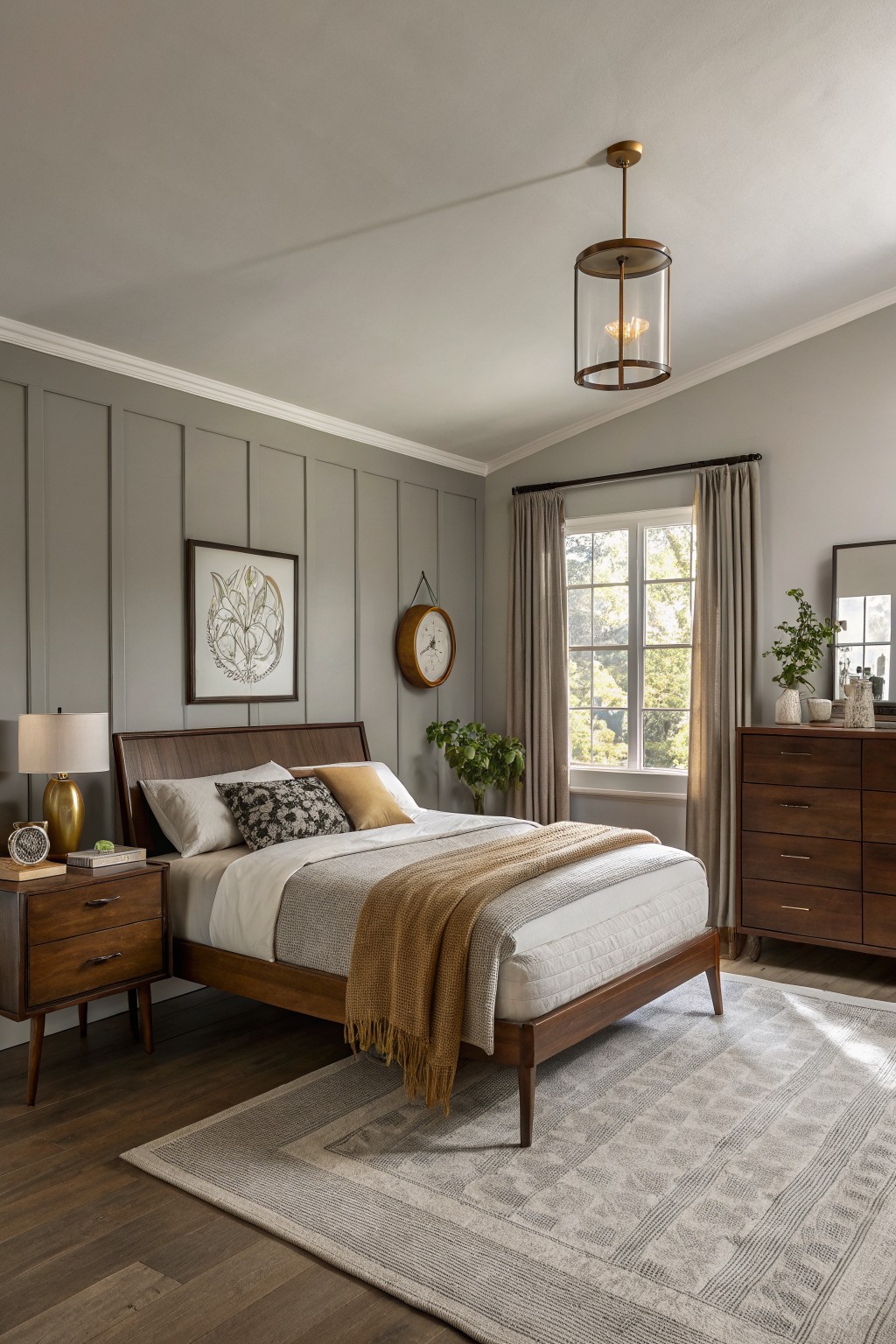 A bedroom with soft gray walls and a wooden bed frame.