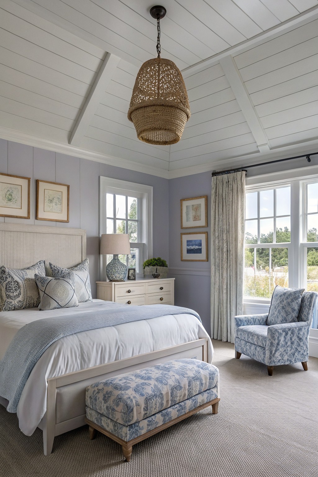 Elegant bedroom with white bed, blue accents, woven pendant light, and patterned armchair.