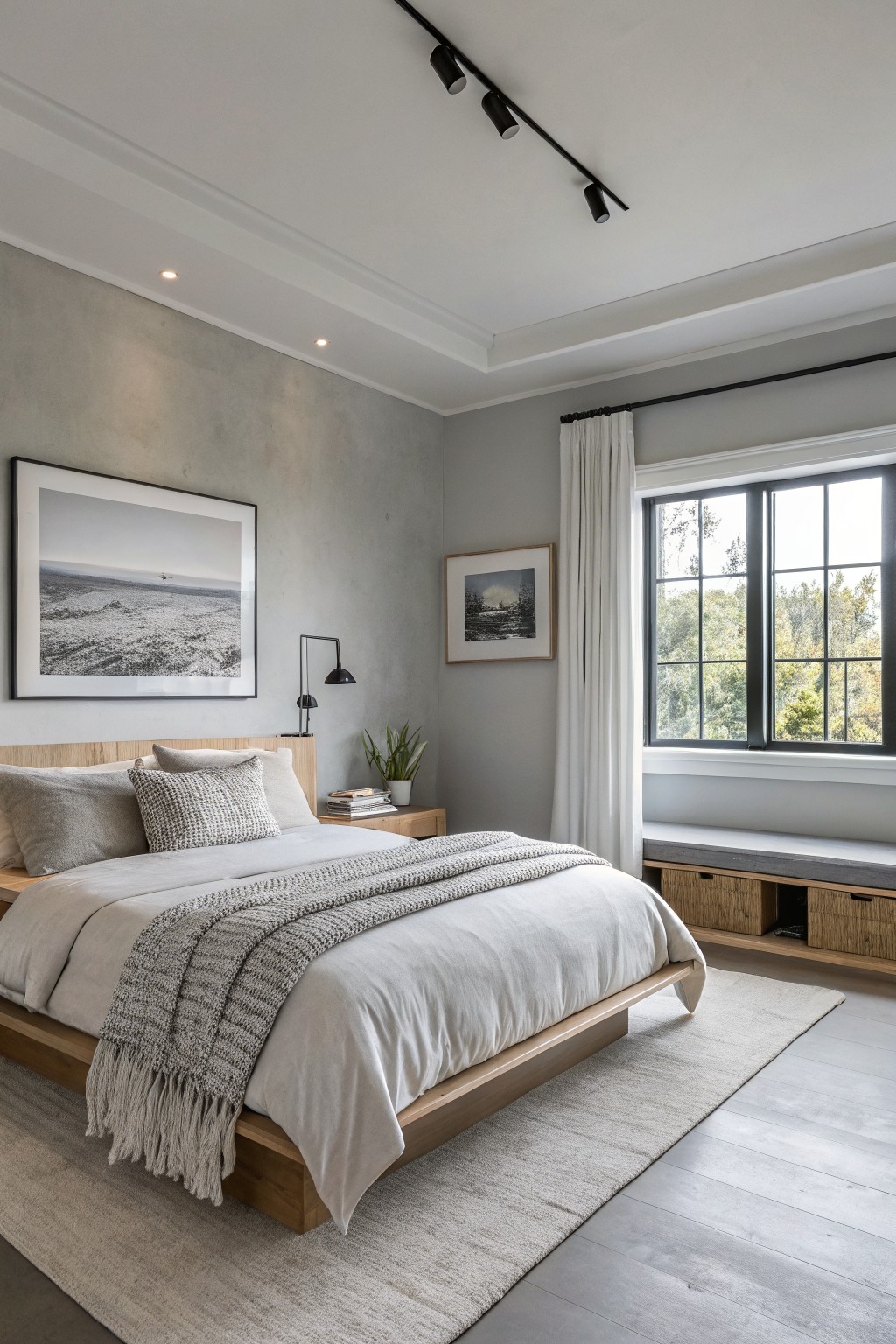 Bedroom walls painted a soft muted gray with wood accents.
