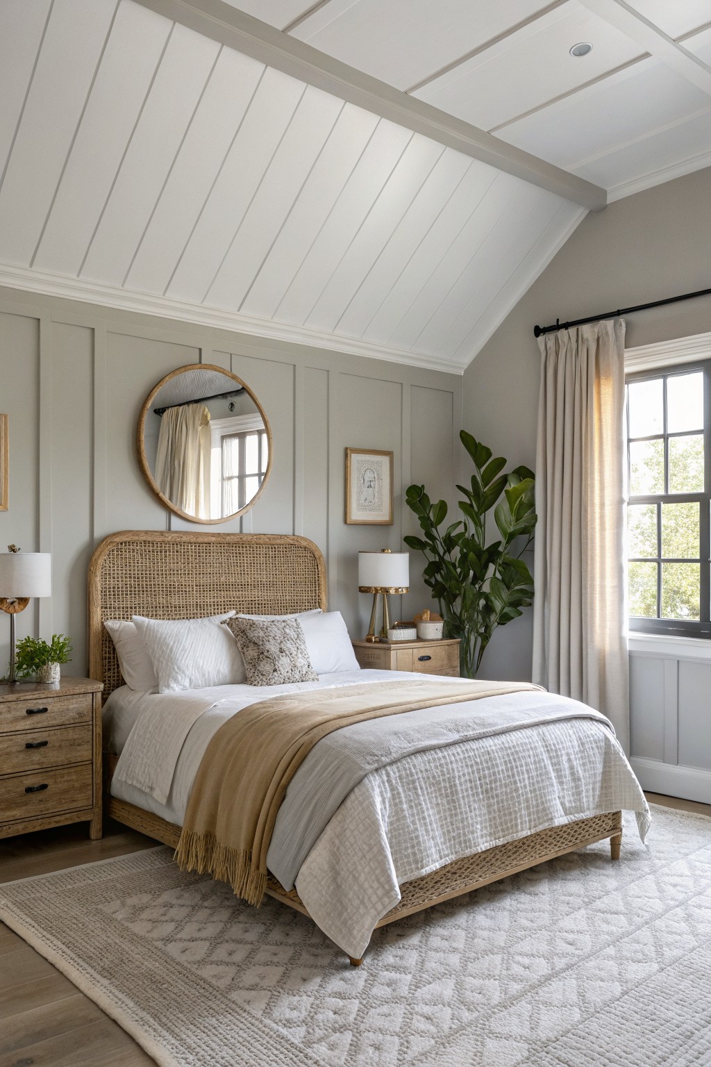Bedroom walls painted in a soft light gray with wood accents.
