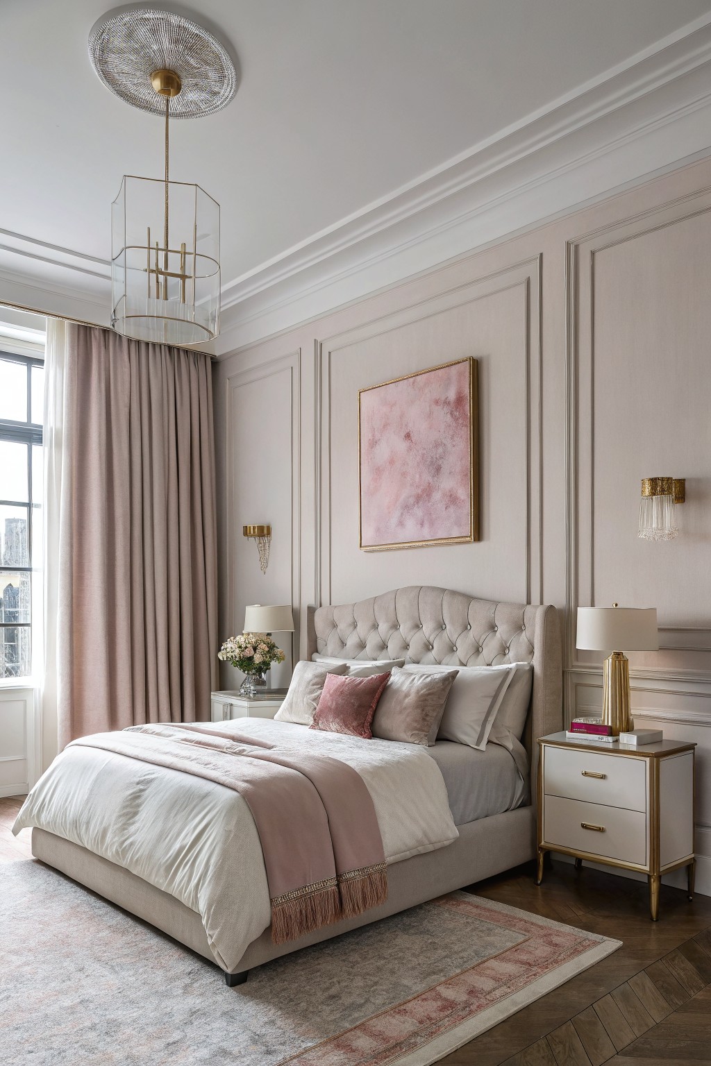 Light gray walls in a bedroom with panel molding and a tufted headboard.