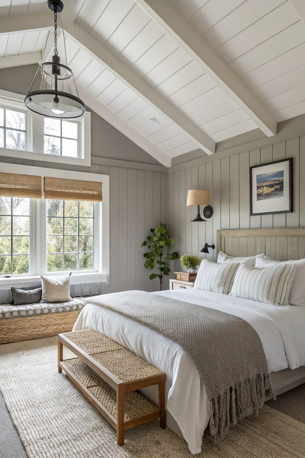 Bedroom walls painted in a soft warm gray with white trim.