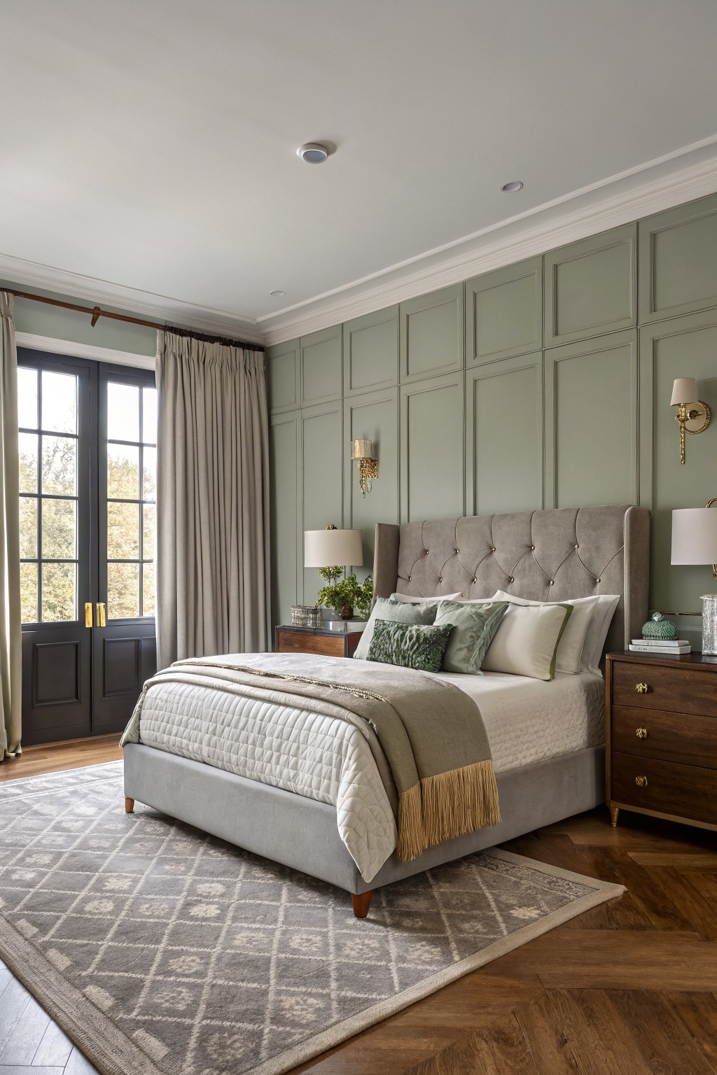 Bedroom walls painted in a soft sage gray with wood furniture and layered bedding.