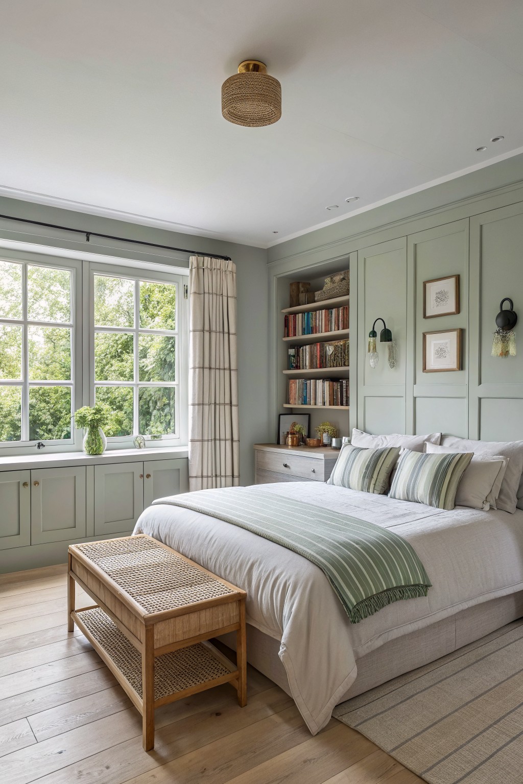 A bedroom with soft sage gray walls and built-in shelving.