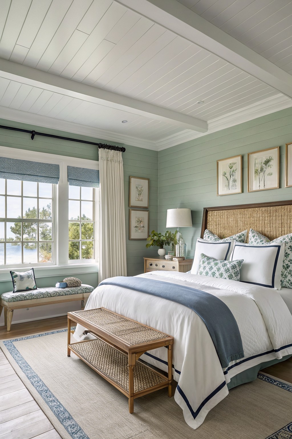 Coastal bedroom with white bed, blue accents, sage walls, and ocean-view windows.
