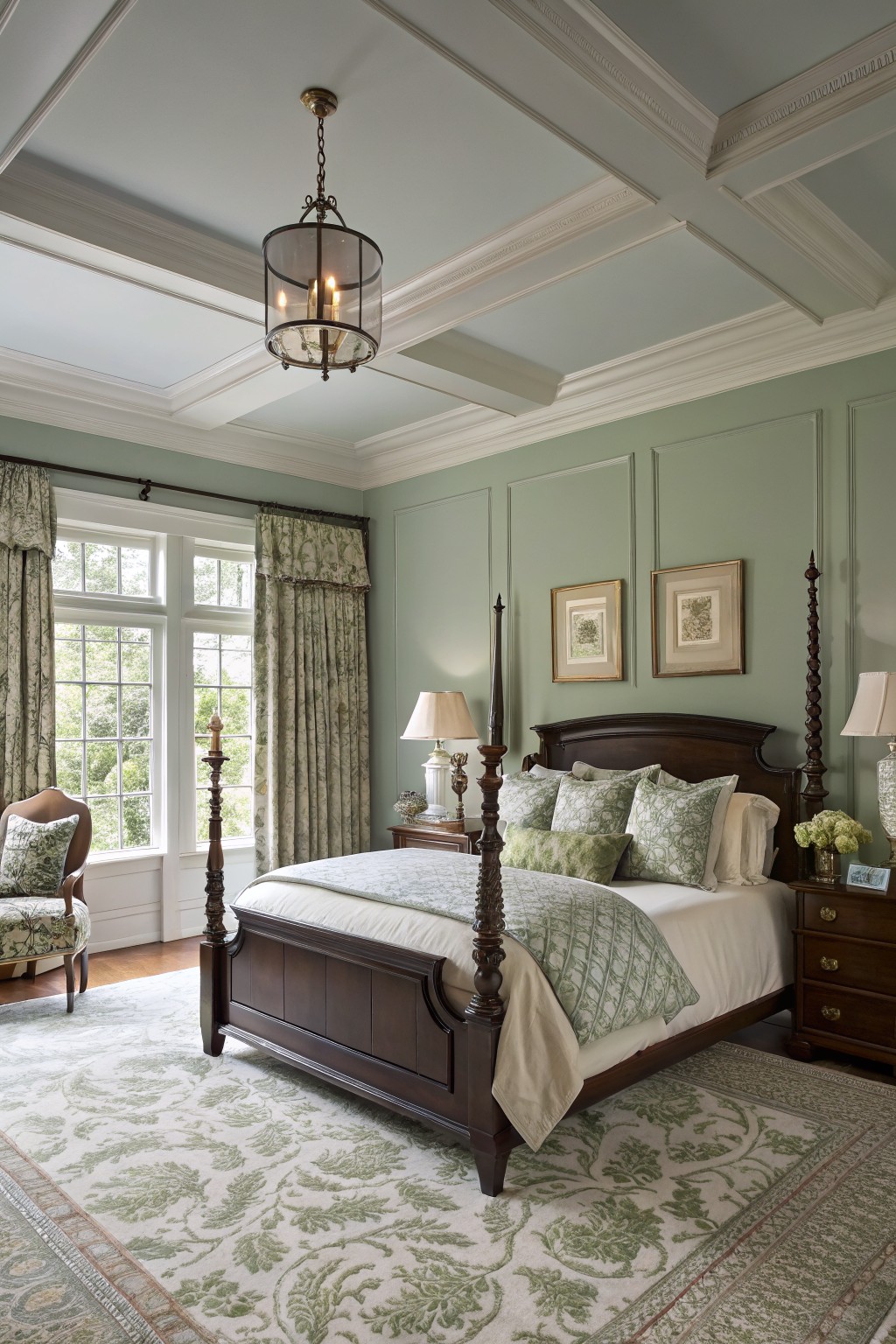 A bedroom with soft sage green walls and dark wood furniture.