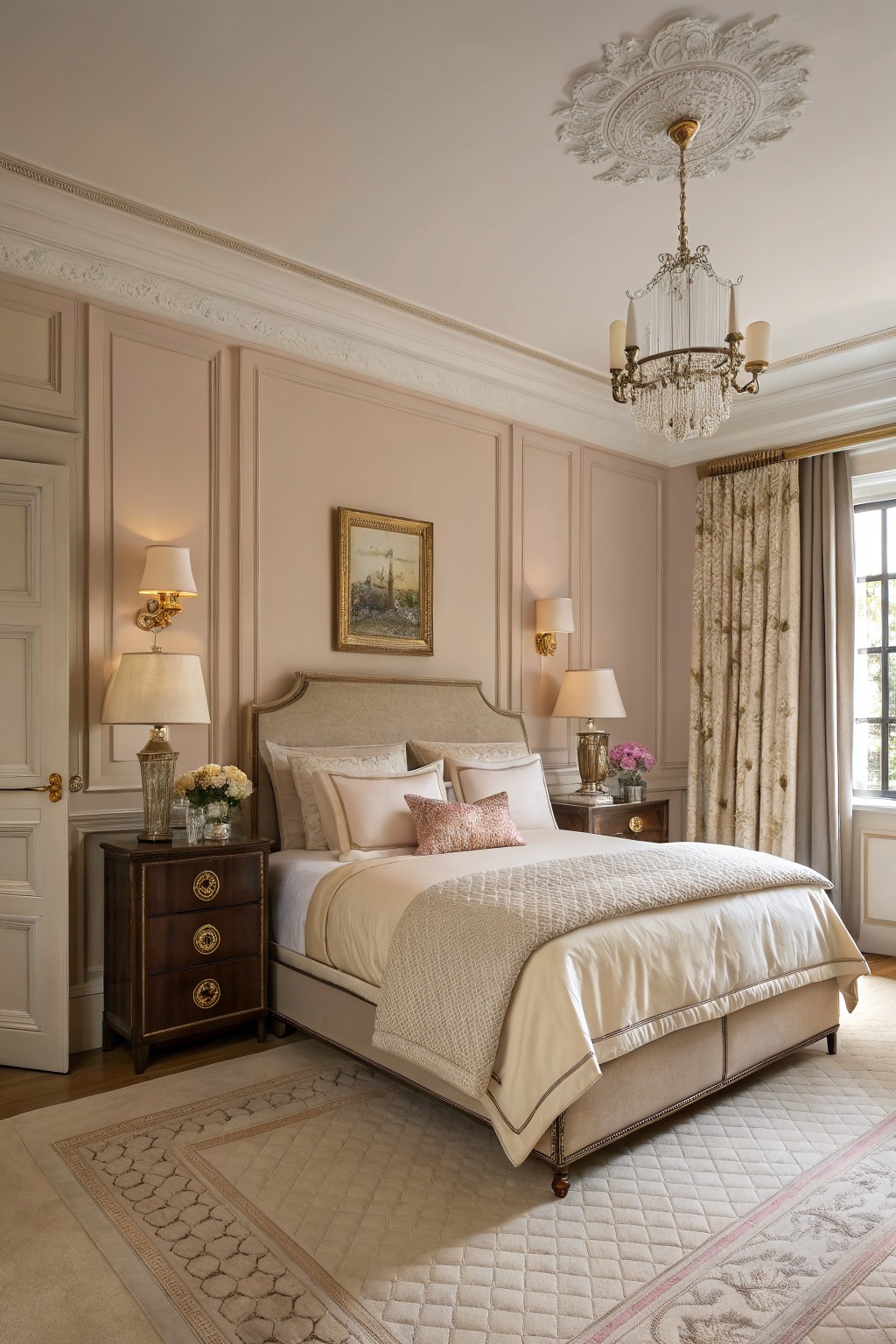 Bedroom walls painted in a soft warm gray with classic trim details.