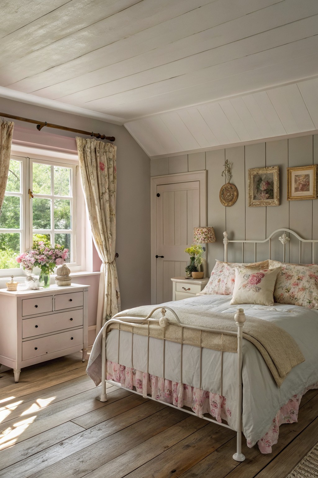 Bedroom walls painted in a soft warm gray.