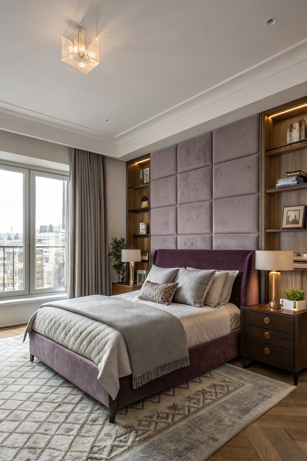 A bedroom with soft warm gray walls and a large upholstered headboard.