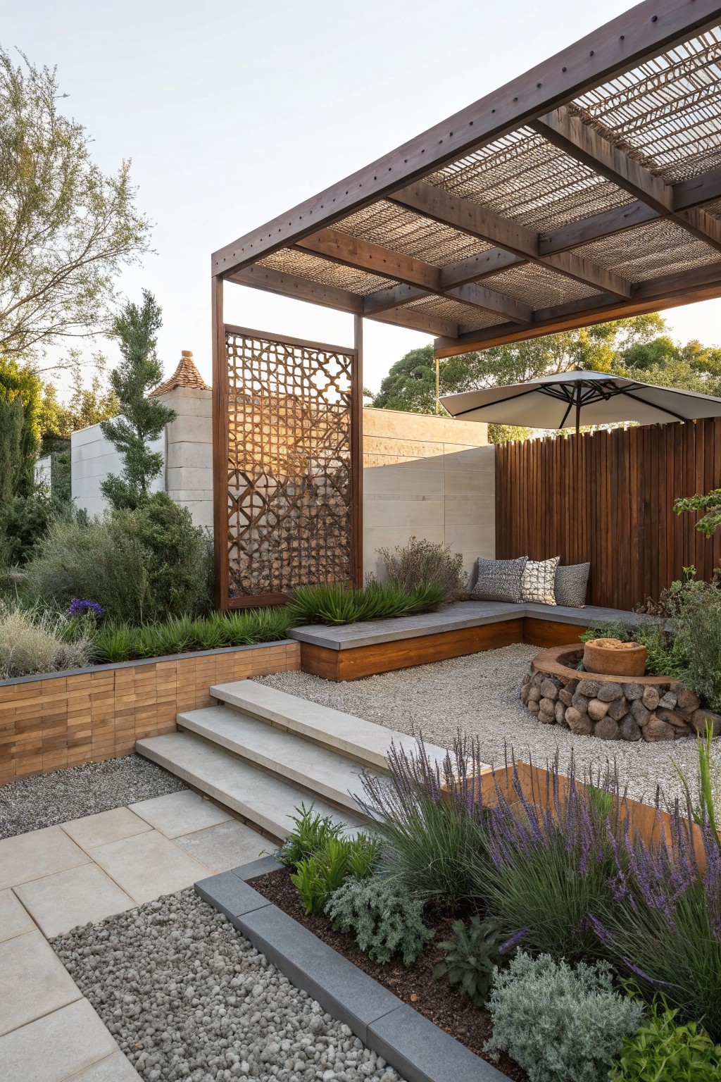 A backyard patio with a wooden pergola, built-in bench seating, gravel ground cover, a stone fire pit, and a decorative wooden screen with geometric cutouts along one side.