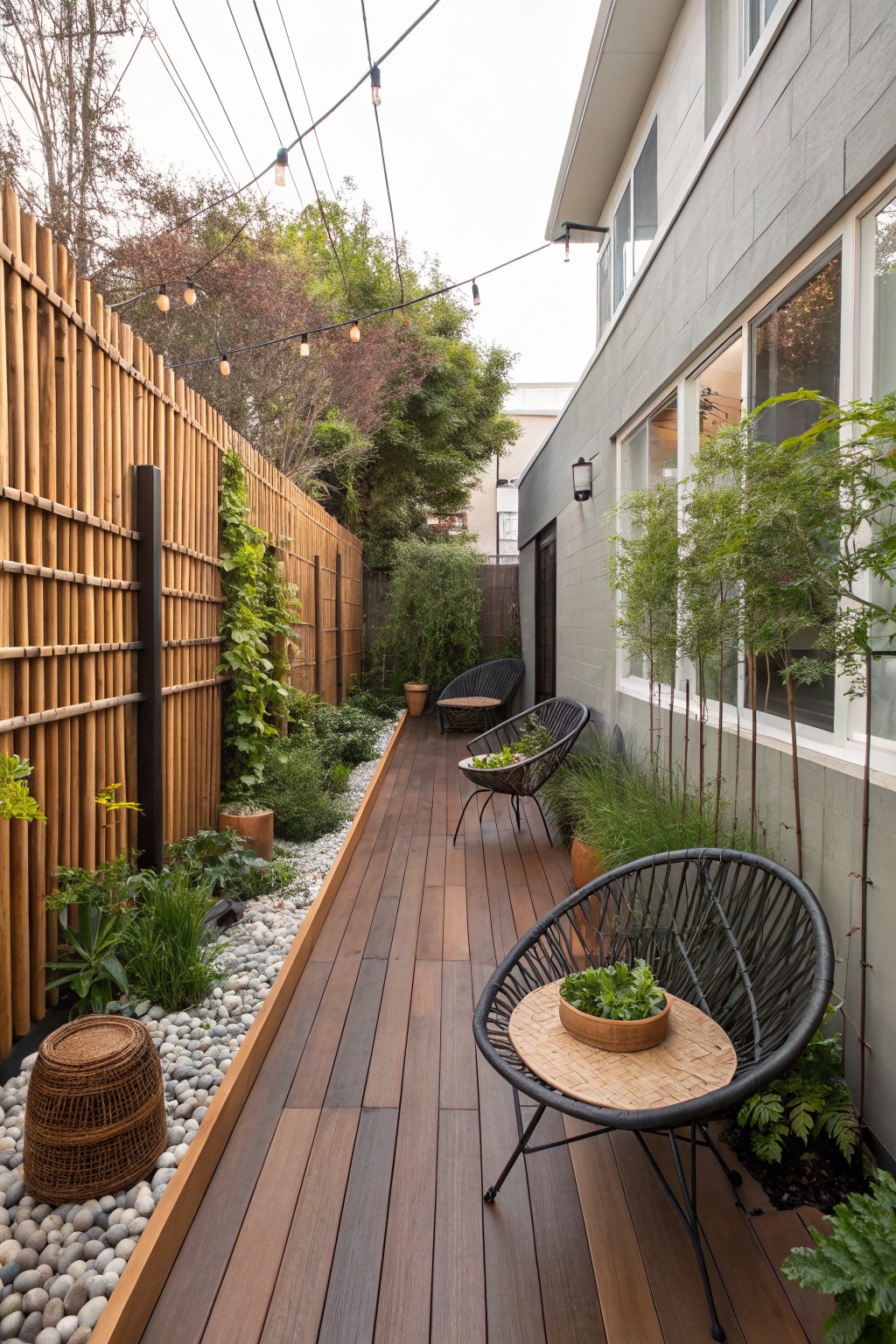 A narrow wooden deck bordered by a bamboo fence on the left and a building on the right, with woven chairs, potted plants, and string lights overhead.
